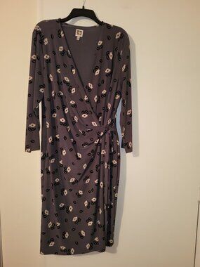 ANNE KLEIN Grey and Beige Floral Faux Wrap Dress (Size XL) (14)